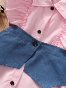 SHEIN 小女童撞色荷葉邊前紐扣連衣裙 - 彩色 - 查看 5