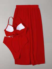 Swim Vcay Maillots de bain pour femmes, ensemble de bikini monokini d'été. Top de soutien-gorge push-up à laçage, bas de bikini taille haute et jupe fendue 3 pièces bikini - Rouge - Voir 2