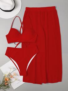 Swim Vcay Maillots de bain pour femmes, ensemble de bikini monokini d'été. Top de soutien-gorge push-up à laçage, bas de bikini taille haute et jupe fendue 3 pièces bikini - Rouge - Voir 3