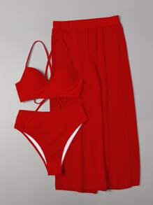 Swim Vcay Maillots de bain pour femmes, ensemble de bikini monokini d'été. Top de soutien-gorge push-up à laçage, bas de bikini taille haute et jupe fendue 3 pièces bikini - Rouge - Voir 4