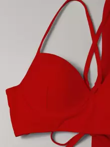 Swim Vcay Maillots de bain pour femmes, ensemble de bikini monokini d'été. Top de soutien-gorge push-up à laçage, bas de bikini taille haute et jupe fendue 3 pièces bikini - Rouge - Voir 6