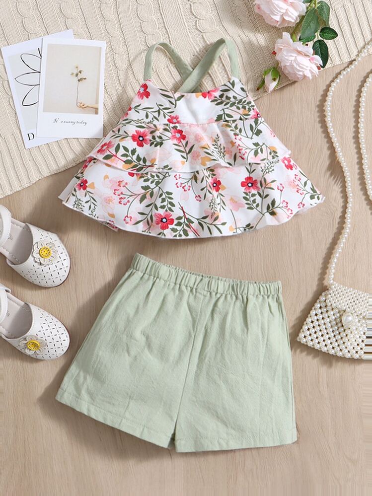SHEIN Leap Crew Camiseta Y Pantalones Cortos Para Niña Con Diseño Floral, Espalda Cruzada Y Dobladillo En Capas - Multicolor - Ver 1