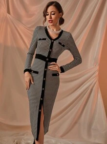 Modelyn Houndstooth Single Breasted Dress Maxi Women Outfit - Black and White - View 4