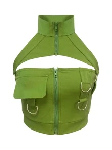 SHEIN ICON Open Back Peekaboo Front Ring and Flap Detail Halter Top - Lime Green - View 1