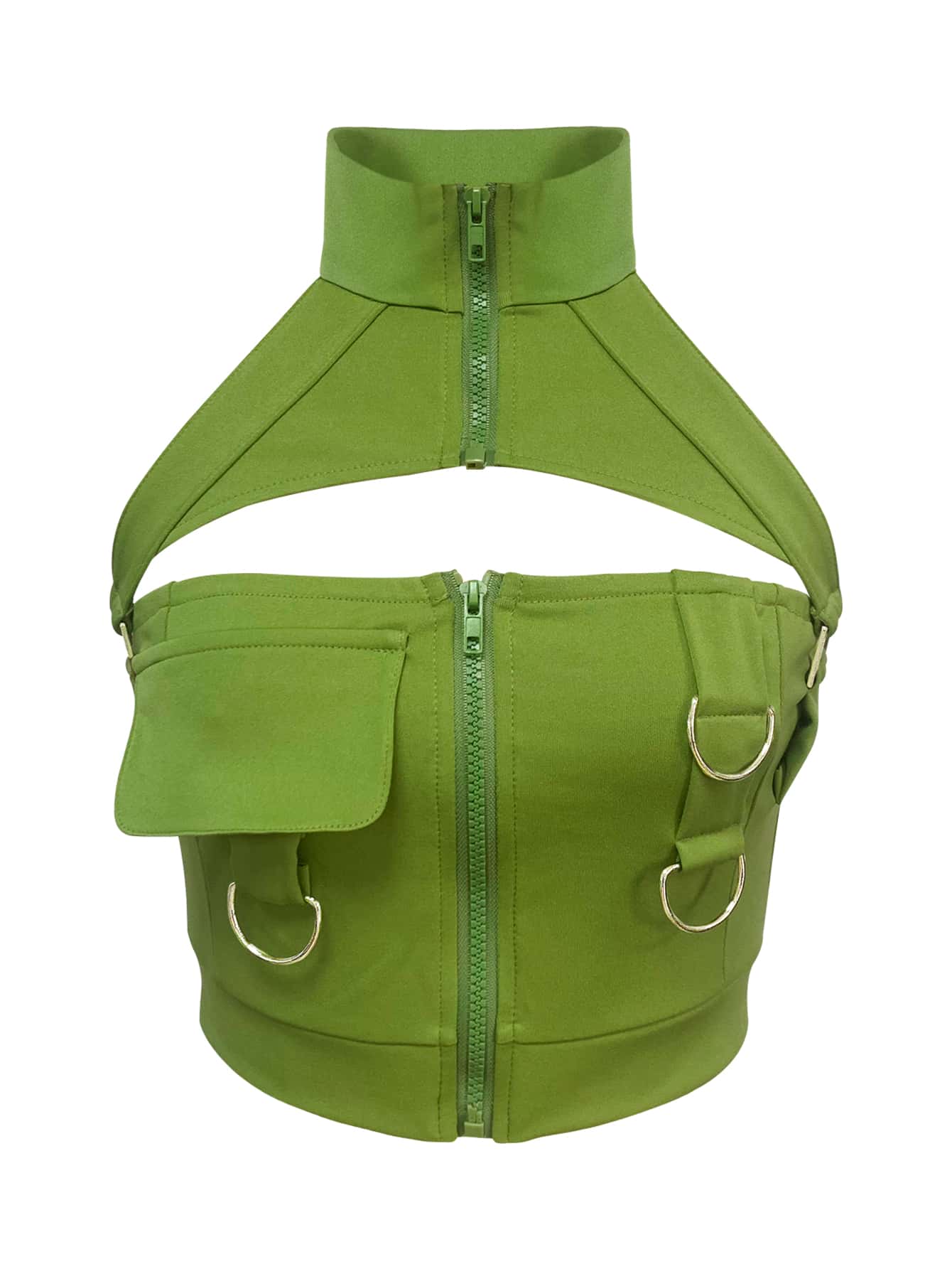 SHEIN ICON Open Back Peekaboo Front Ring and Flap Detail Halter Top - Lime Green - View 1