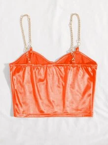 SHEIN Allurite Chain Detail Silky Bustier Cami Crop Top - Coral Orange - View 2