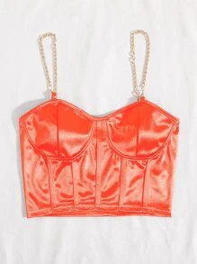 SHEIN Allurite Chain Detail Silky Bustier Cami Crop Top - Coral Orange - View 3
