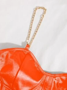 SHEIN Allurite Chain Detail Silky Bustier Cami Crop Top - Coral Orange - View 4