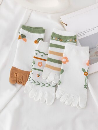 4pairs Floral Pattern Toe Socks, Fall Socks