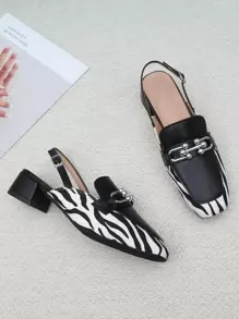 Metal Decor Zebra Graphic Slingback Pumps - Black - View 1