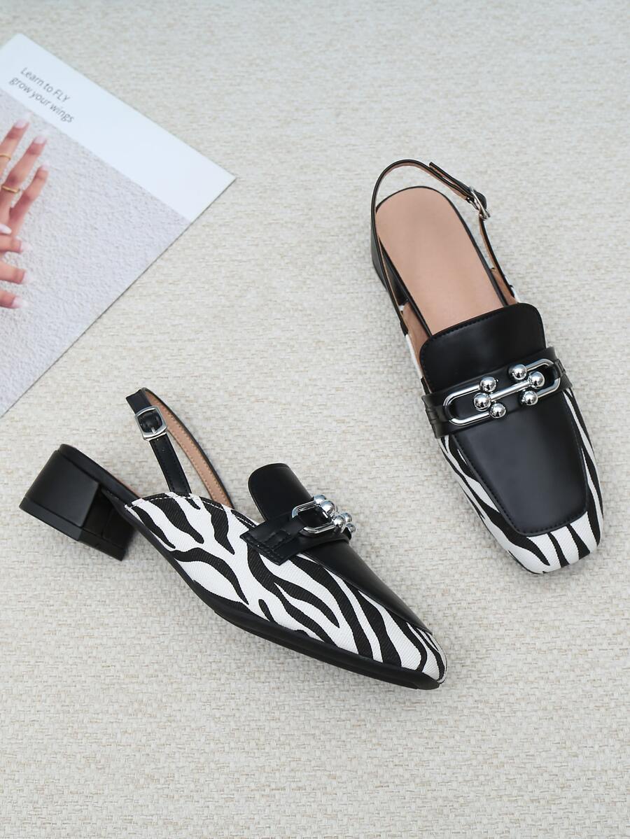 Metal Decor Zebra Graphic Slingback Pumps - Black - View 1