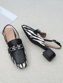 Metal Decor Zebra Graphic Slingback Pumps - Black - View 2