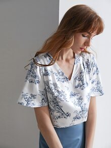 MOTF PREMIUM SILK PRINTED FLUTTER SLEEVE TOP - Multicolor - View 6