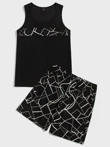 Manfinity Hombres con estampado geométrico Top tank & Shorts deportivos - Negro - Ver 1