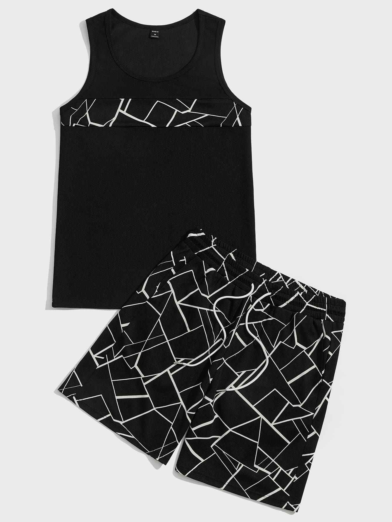 Manfinity Hombres con estampado geométrico Top tank & Shorts deportivos - Negro - Ver 1