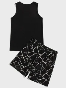 Manfinity Hombres con estampado geométrico Top tank & Shorts deportivos - Negro - Ver 2