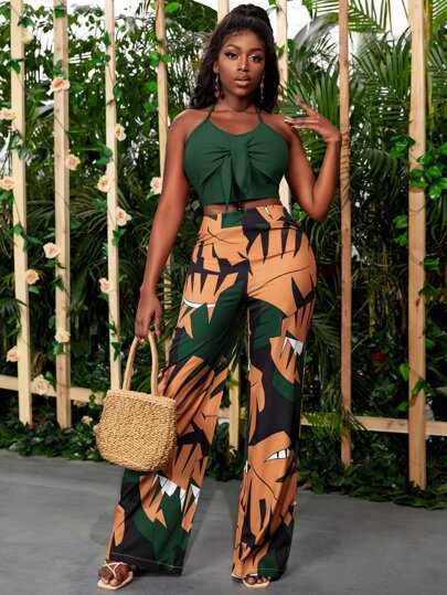 SHEINSXYTieBacklessHalterTop&AlloverPrintPants