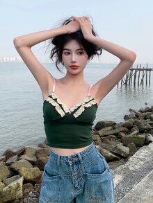 蕾絲拼接吊帶短上衣 - 墨綠色 - 查看 1