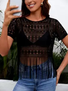 SHEIN VCAY Geometric Print Fringe Sheer Top - Black - View 1