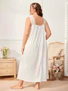 SHEIN Unity Plus Contrast Eyelash Lace Fake Button Nightdress Nightgown - White - View 3