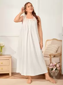 SHEIN Unity Plus Contrast Eyelash Lace Fake Button Nightdress Nightgown - White - View 1