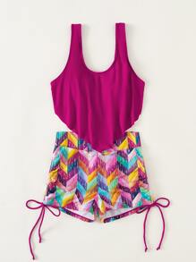 SHEIN Swim Summer Beach Random Geo Print Tankini Set Hanky Hem Tank Top & Drawstring Shorts 2 Pieces Swimwear - Multicolor - View 3