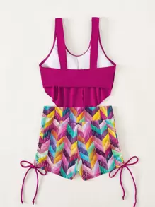 SHEIN Swim Summer Beach Random Geo Print Tankini Set Hanky Hem Tank Top & Drawstring Shorts 2 Pieces Swimwear - Multicolor - View 4