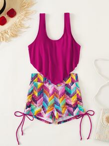 SHEIN Swim Summer Beach Random Geo Print Tankini Set Hanky Hem Tank Top & Drawstring Shorts 2 Pieces Swimwear - Multicolor - View 6