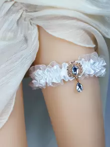 Rhinestone Detail Bridal Garter Belt - White - View 1