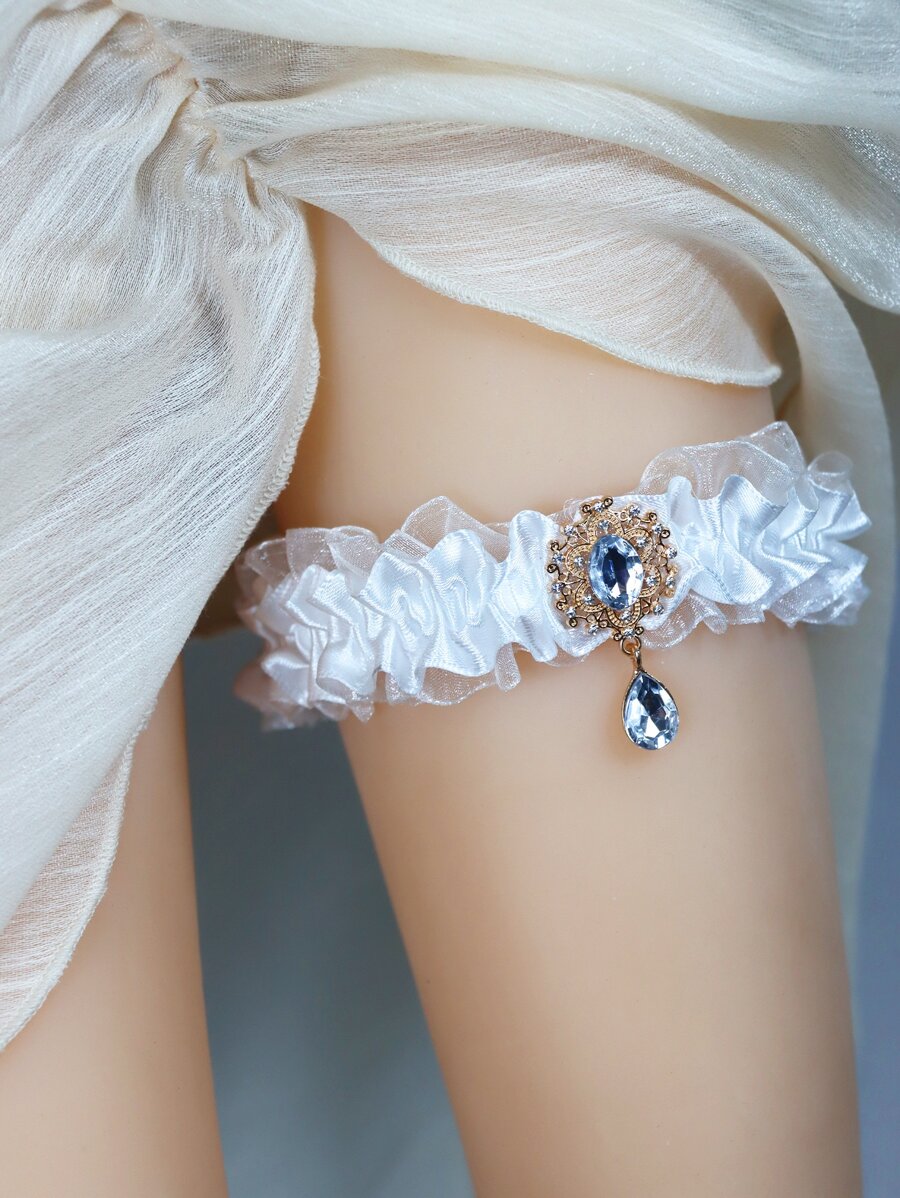 Rhinestone Detail Bridal Garter Belt - White - View 1