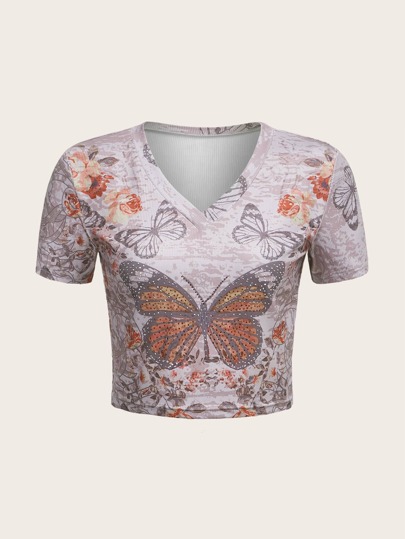 تي شيرت قصير بطباعة زهر وفراشة