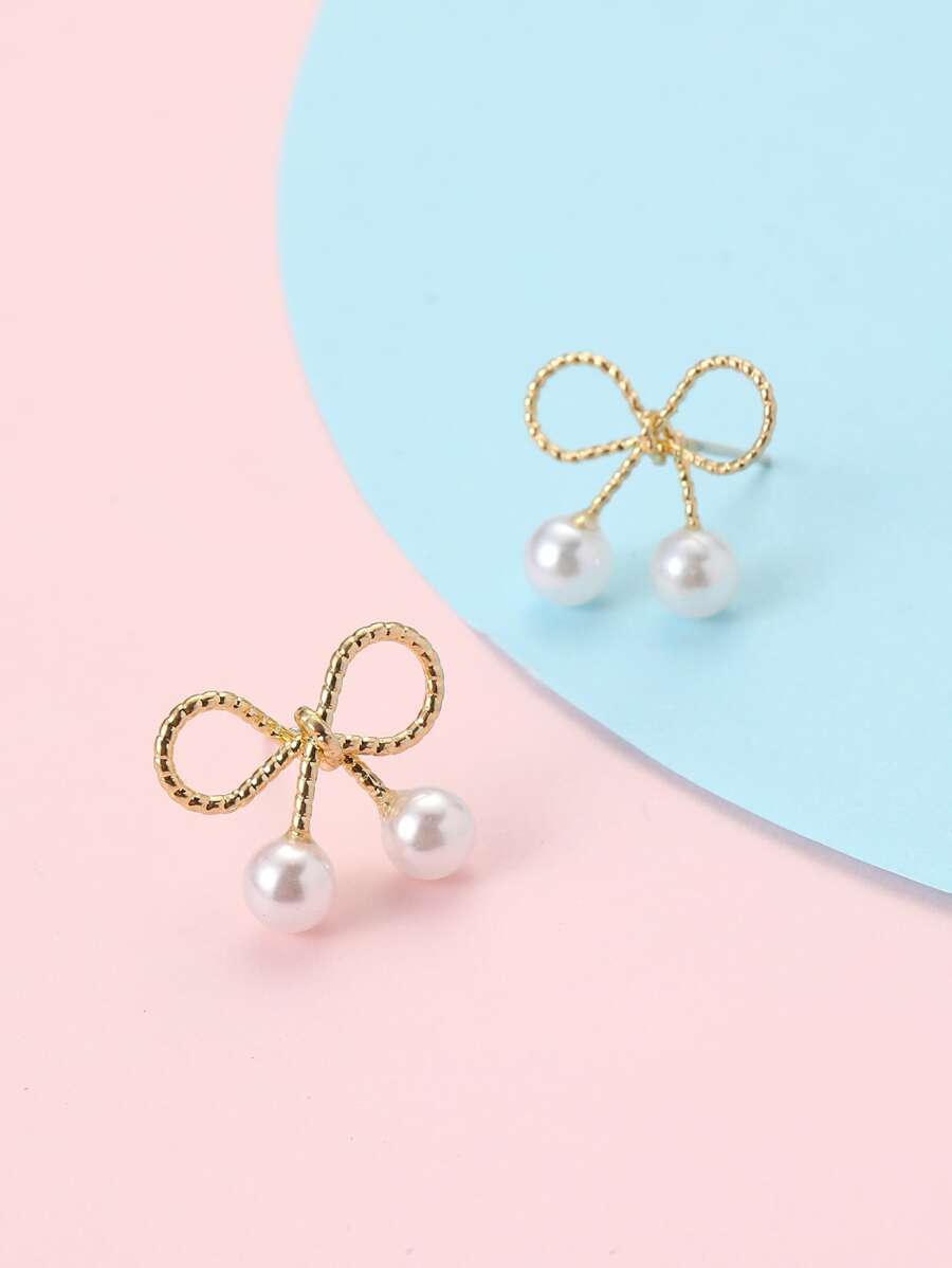 2入組女孩人造珍珠裝飾耳釘 - 金黃色 - 查看 1