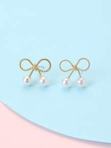 2入組女孩人造珍珠裝飾耳釘 - 金黃色 - 查看 2