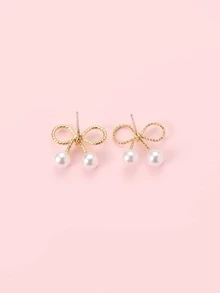 2入組女孩人造珍珠裝飾耳釘 - 金黃色 - 查看 3