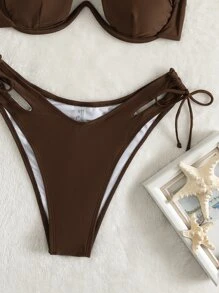 SHEIN Swim Bộ đồ tắm bikini có gọng cut-out đi biển mùa hè & cà vạt bên dưới - Màu nâu Sô-cô-la - Xem 4