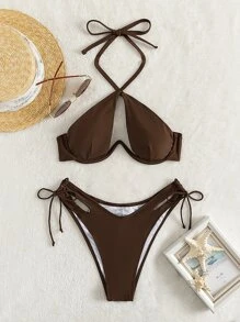 SHEIN Swim Bộ đồ tắm bikini có gọng cut-out đi biển mùa hè & cà vạt bên dưới - Màu nâu Sô-cô-la - Xem 6