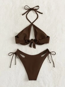 SHEIN Swim Bộ đồ tắm bikini có gọng cut-out đi biển mùa hè & cà vạt bên dưới - Màu nâu Sô-cô-la - Xem 7