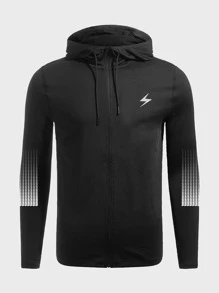 Men Lightning & Geo Print Drawstring Hooded Sports Jacket - Black - View 3