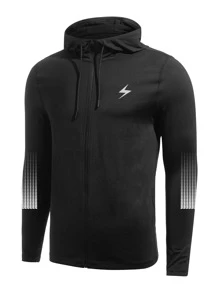 Men Lightning & Geo Print Drawstring Hooded Sports Jacket - Black - View 4