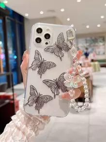 蝴蝶图案手机壳，带蝴蝶吊坠，国际版，非国内版 - 黑色 - 查看 1