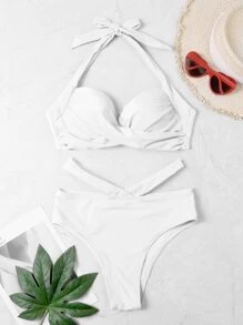 SHEIN Swim Summer Beach Solid Bikini Set Twist Front Push Up Bra & Cheeky Bottom 2 Piece Bathing Suit - White - View 6
