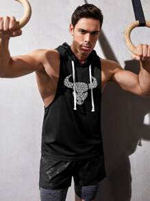 SHEIN Fitness Camiseta de tirantes con capucha estilo novio de los hombres con estampado geométrico de ganado - Negro - Ver 3