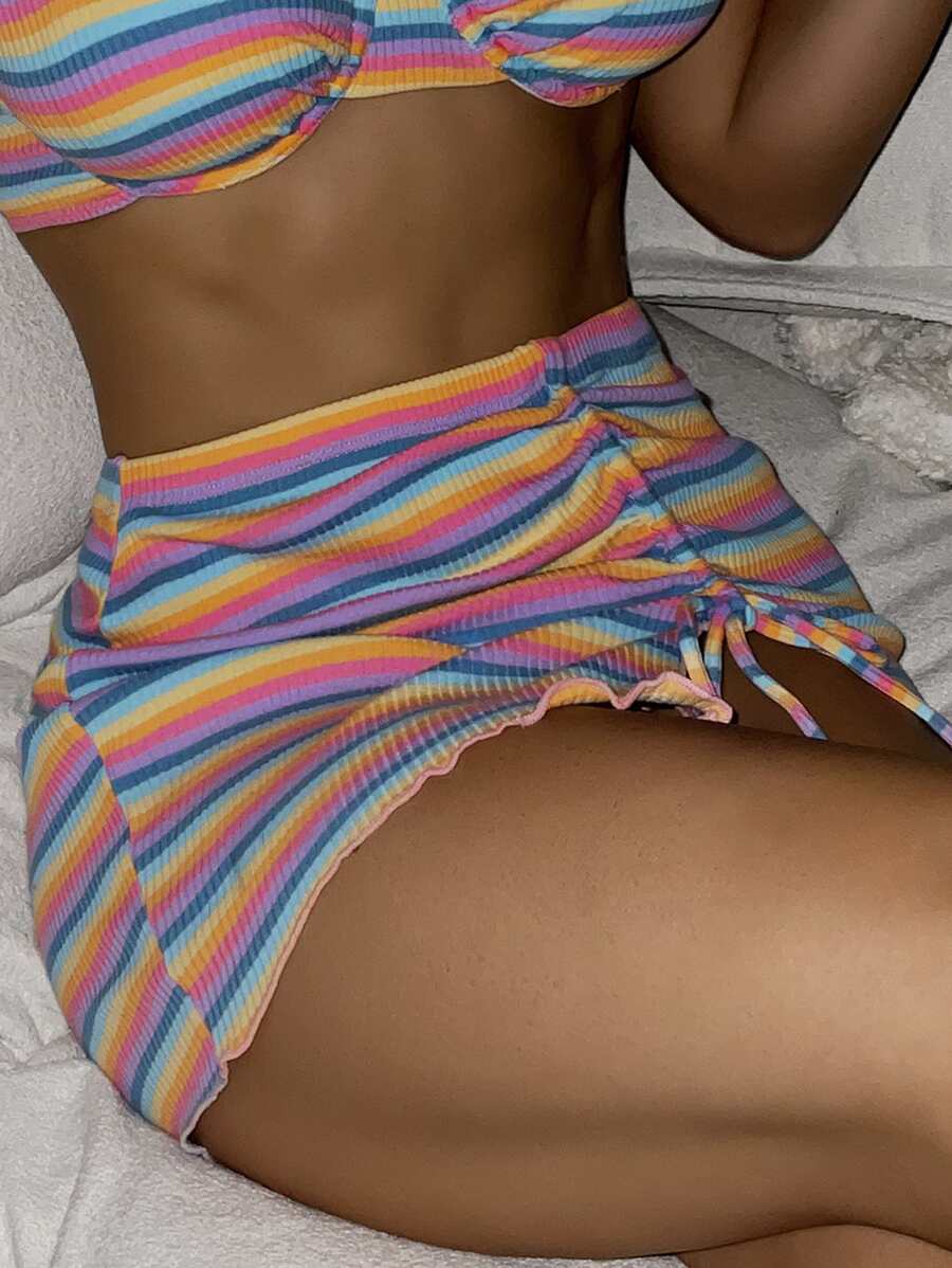Block Striped Bikini Bottom & Drawstring Split Hem Beach Skirt - Multicolor - View 1