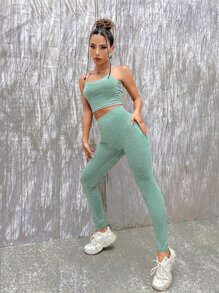 SHEIN Essnce Top de tirantes corto unicolor & Leggings - verde menta - Ver 4