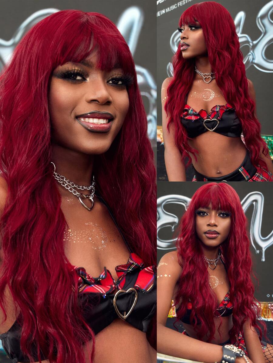 Pelucas onduladas al agua con flequillo de 28 pulgadas, fibra resistente al calor, largo ondulado, pelucas sintéticas de ondas profundas para mujer, para fiesta, uso diario - Burdeos - Ver 1