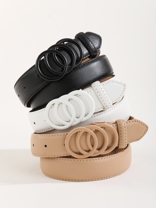 3 piezas Cinturón de mujer con hebilla redonda triple blanca y negra con perforador, para verano, escuela, otoño, Halloween