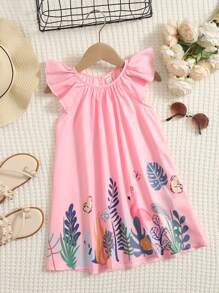 SHEIN Leap Crew 少女火烈鳥&熱帶印花荷葉邊袖洋裝 - 粉色 - 查看 1