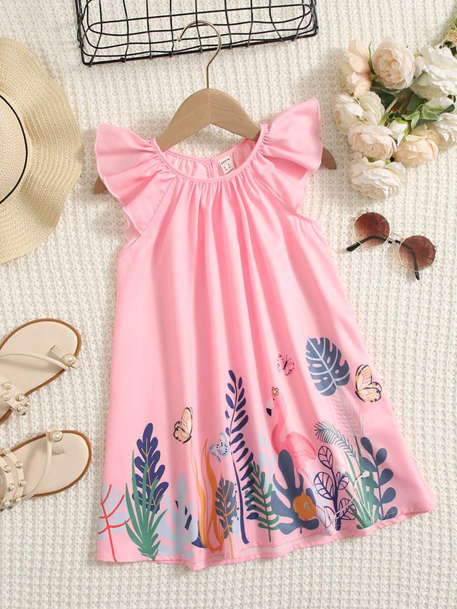 SHEIN Leap Crew 少女火烈鳥&熱帶印花荷葉邊袖洋裝 - 粉色 - 查看 1