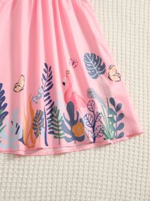 SHEIN Leap Crew 少女火烈鳥&熱帶印花荷葉邊袖洋裝 - 粉色 - 查看 3