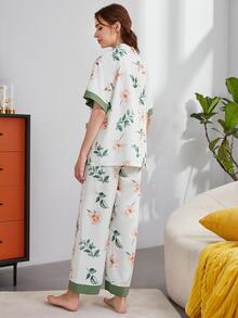 SHEIN Floral Print Contrast Lace Blouse & Trousers PJ Set - White - View 3